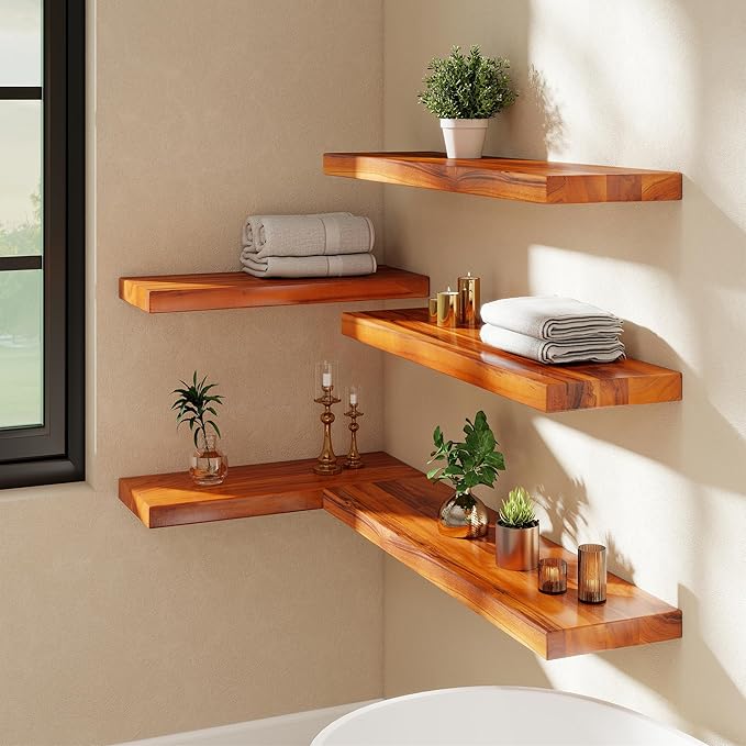 Teak Floating Shelves Set of 2-24 Inch Natural Waterproof Wood Wall Shelves with Invisible Brackets for Bathroom, Kitchen, Ba