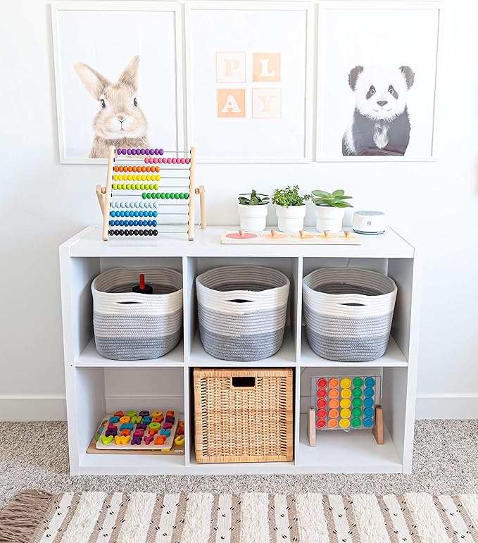OrganiHaus Cotton Rope Basket for Shelf - Woven Storage Basket for Organizing, Closet & Toy Storage - 3-Toned Gray - 15x9x10