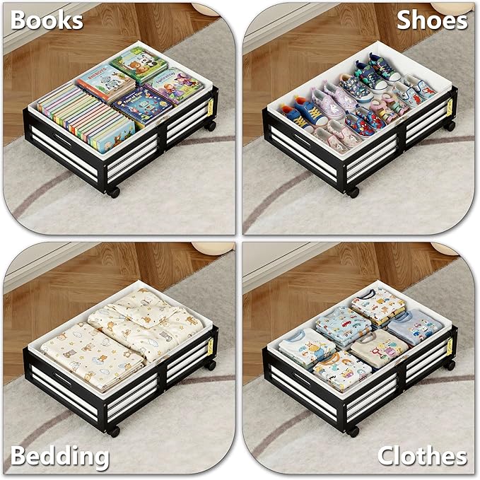 Under Bed Storage Containers with Wheels, Larger Bamboo Wood Under Furniture Storage Containers with Dust Bags，Rolling for Sh