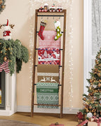 Hzuaneri Blanket Ladder Shelf, Decorative Quilt Rack, 7-Tier Farmhouse Ladder Holder Organizer with 4 Removable Hooks 7.9" D 