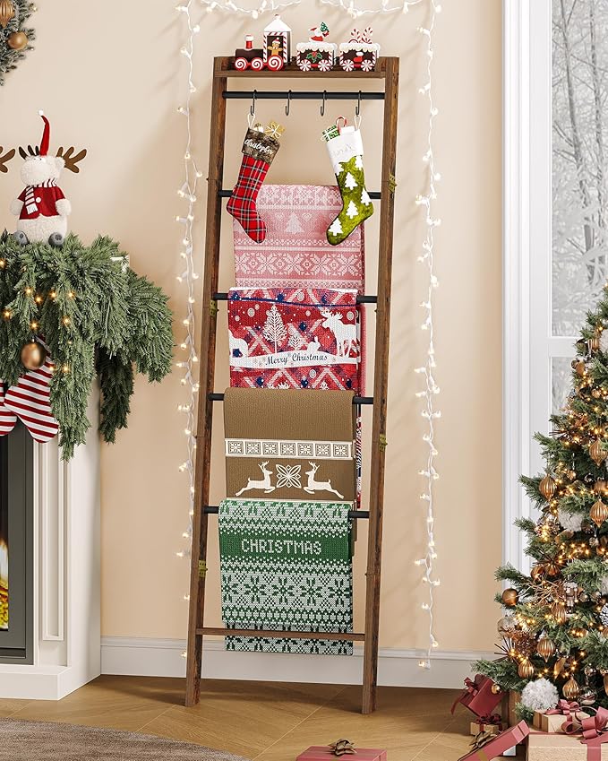 Hzuaneri Blanket Ladder Shelf, Decorative Quilt Rack, 7-Tier Farmhouse Ladder Holder Organizer with 4 Removable Hooks 7.9" D 