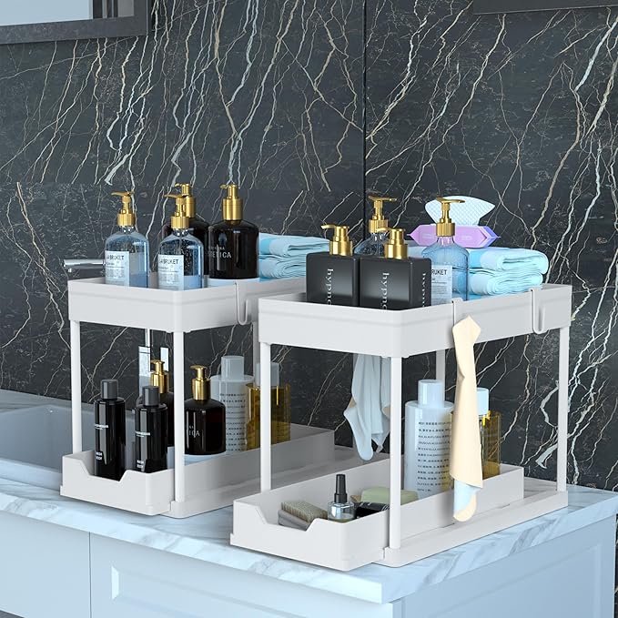 DEKAVA Cabinet, 2 Pack Under Sink Organizer, 2 Tier Sliding Bathroom Kitchen Organizer, Large White ABS Baskets, Easy Install