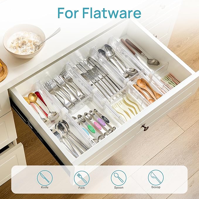 Vtopmart 2.36” Drawer Dividers with Expandable Inserts, 12.8"-22.3" Adjustable Kitchen Drawer Organizer, Clear Plastic Organi