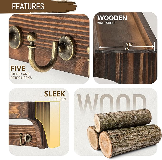 Rebee Vision Pine Wood Key Holder Wall Mount - Multifunctional Key Holder for Wall with Hooks and Shelf for Mail, and Hats - 