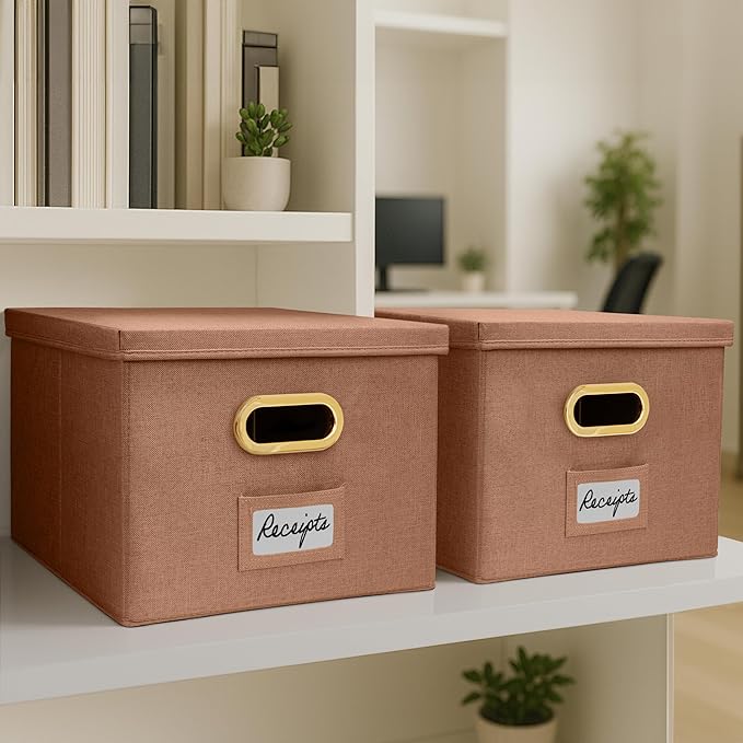 ZICOTO Decorative File Organizer Box Set of 2 - Collapsible Linen Filing Cabinets w/Handles Are Perfect to Store all Your Doc