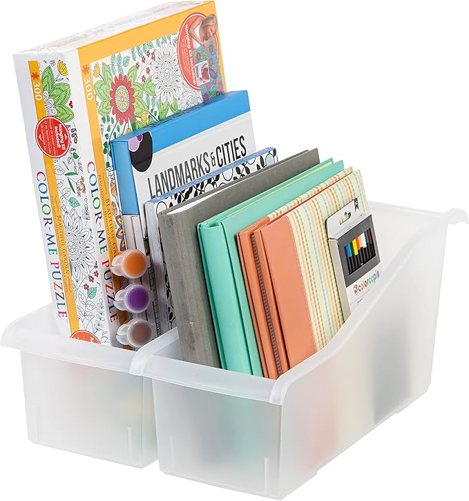 IRIS USA Plastic Book Bin Magazine Holder, 8-Pack, Vertical Standing Connecting Container Box for Office Dorm Study Homework 