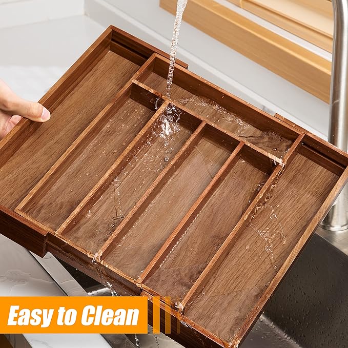 Bellsal Acacia Silverware Organizer Kitchen Drawer Organizer Expandable Bamboo Utensil Holder Cutlery Tray for Kitchen Utensi