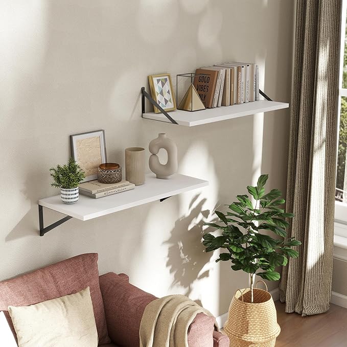 Deep Floating Shelves Wall Mounted, 30"x12" White Wall Shelves with Brackets Set of 2 for Bedroom, Living Room, Bathroom, Kit