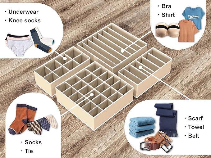 Simple Houseware 4-Pack Drawer Organizer Set - Closet Dividers for Underwear, Socks, Bras, Scarves, Ties - Foldable Non-Woven