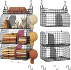 SWTYMIKI Hanging Closet Organizer Storage - 4 Tier Metal Stackable Hanging Closet Shelves with Dividers and S Hooks, Foldable