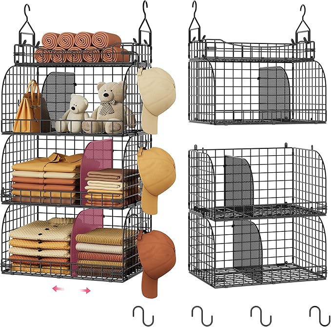 SWTYMIKI Hanging Closet Organizer Storage - 4 Tier Metal Stackable Hanging Closet Shelves with Dividers and S Hooks, Foldable