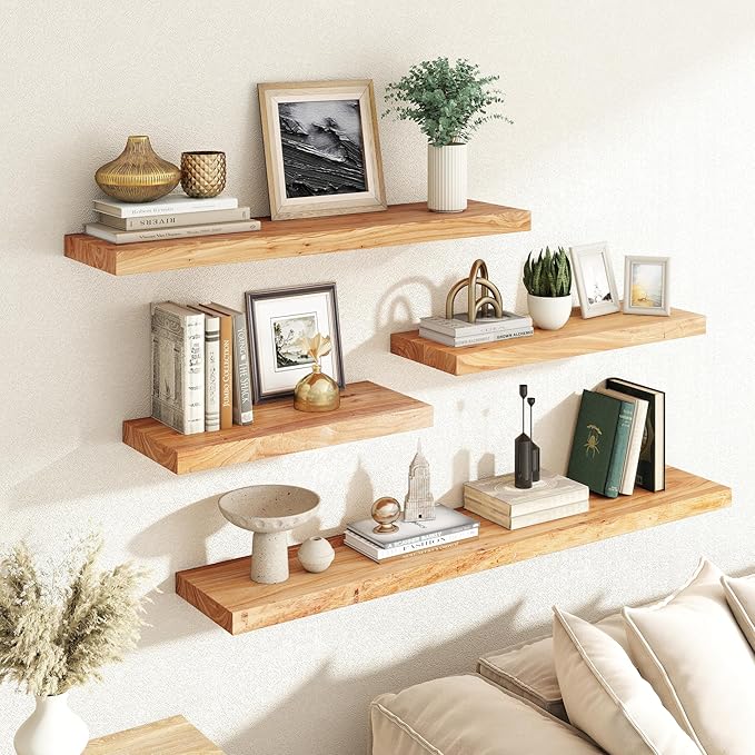 RICHFOCUS Elm Floating Shelves for Wall - 24" W x 9.3" D Rustic Solid Wood Shelves with Invisible Bracket, Wall-Mounted for L