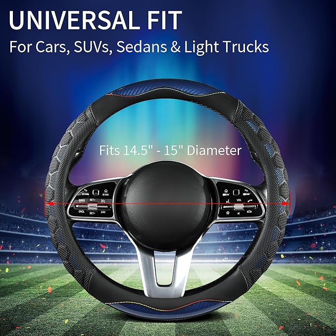PU Leather Steering Wheel Cover 14.5-15 Inch, Carbon Fiber Style Grip, Non-Slip & Breathable, Universal for Sedan SUV Truck V