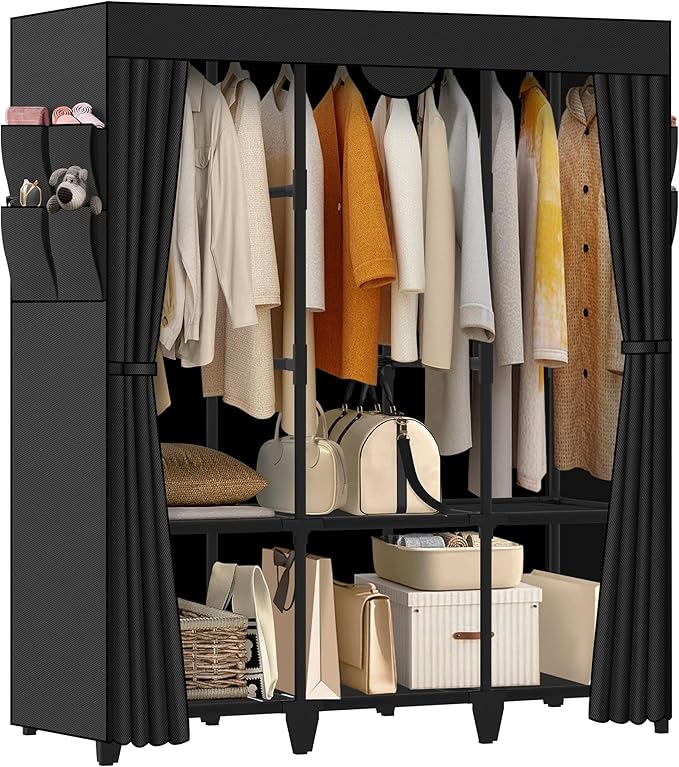 Wardrobe Closet, Quick and Easy Assembly, Black Large Capacity Portable Closet with 3 Hanging Rods 6 Storage Shelves and 8 Si