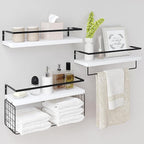 White Wood Floating Shelves Wall Mounted - 3+1 Tier Rustic Bathroom Wall Shelves Over Toilet with Wire Storage Basket & Towel