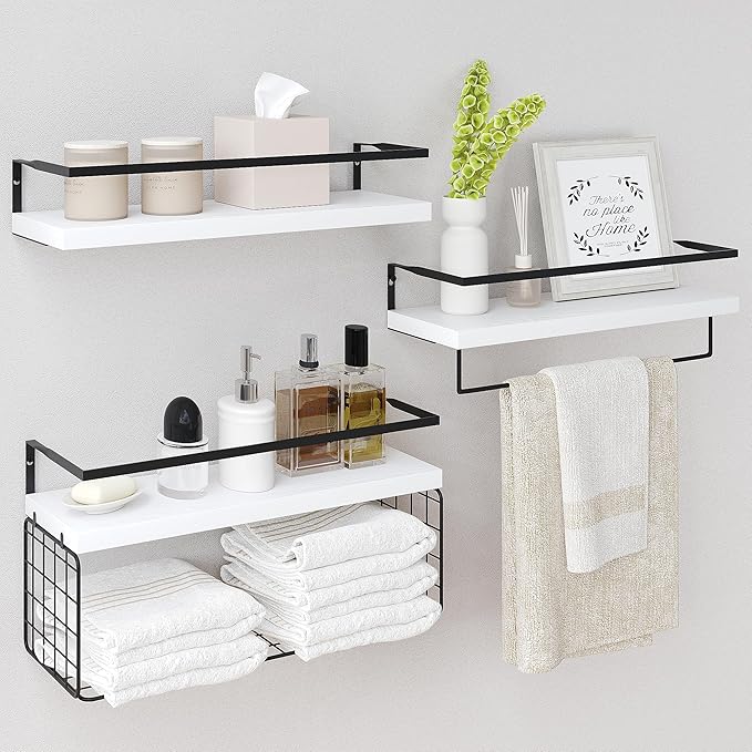 White Wood Floating Shelves Wall Mounted - 3+1 Tier Rustic Bathroom Wall Shelves Over Toilet with Wire Storage Basket & Towel