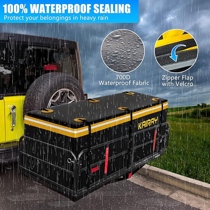 KAIRAY 500 Lbs Heavy Duty Hitch Mount Cargo Carrier 60"x24"x14.4" Folding Rear Luggage Rack Basket Fits 2" Receiver for Car SUV Camping Traveling with Stablizer Waterproof Bag Net Ratchet Straps Lock
