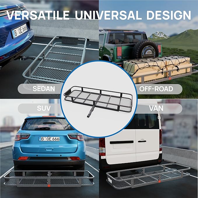 TUFFIOM 60"x20"x6" Folding Hitch Mount Cargo Carrier Basket, 500lbs Steel Car Cargo Trailer Hitch Luggage Rack with Net, Waterproof Cargo Bag, Straps & Stabilizer for SUV Car Truck Van