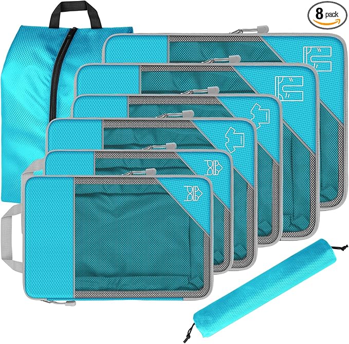 8 Set Compression Packing Cubes for Travel, Expandable Luggage Organizer with Shoe Bag & Laundry Bag - Lightweight Suitcase &