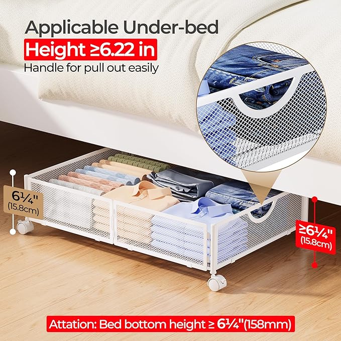Yecaye Under Bed Storage with Wheels, 2 Pack Under Bed Shoe Storage Organizer Drawer, Tool-free Assembly Metal Underbed Stora
