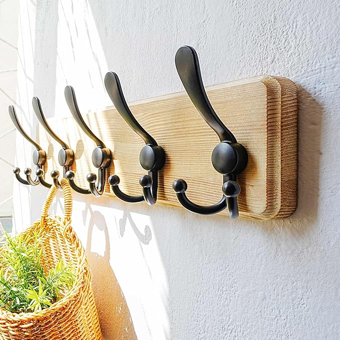 Dseap Coat Rack Wall Mount - Heavy-Duty Robust Rustic Wooden Wall Coat Hanger Hook Rail with 5 Triple Hooks for Winter Jacket