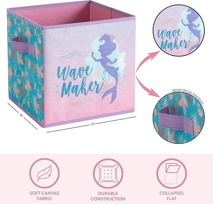 Disney Little Mermaid Storage Cubes,Set of 2 Spacious Collapsible Bins with Handles, Kids Toy Organizer for Bedroom & Playroo