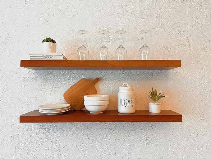 IEO Long Wooden Floating Shelves for Room Wall, Natural Wood Floating Shelves Wall Mounted Kitchen Shelf for Living Room, Bed