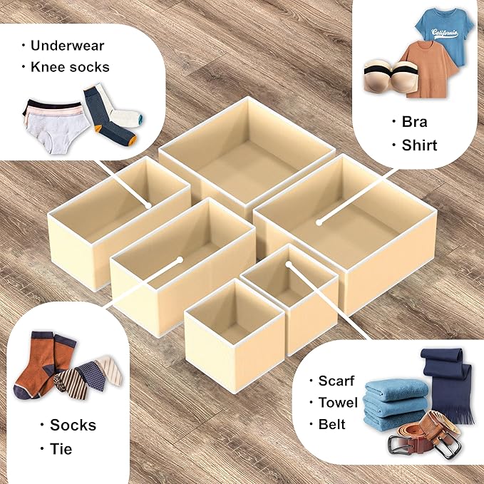Simple Houseware Foldable Drawer Organizer Set of 12, Beige – Fabric Storage Bins for Clothes, Underwear, Bra, Panty, Socks, 