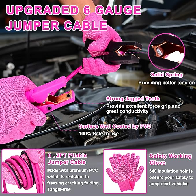 Pink Car Emergency Kit, Premium Roadside Emergency Car Accessories Kit with Jumper Cables, Flashlight, Shovel, Screwdriver Se