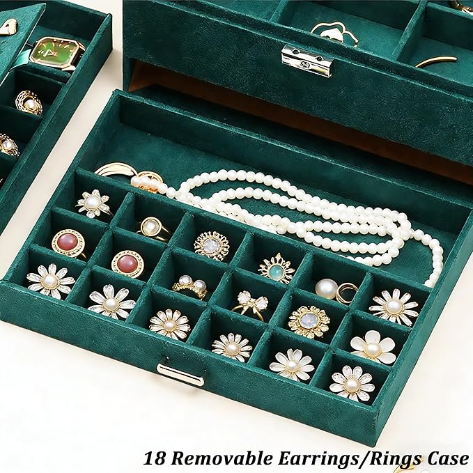 QBestry Jewelry Box for Women with Drawer, 3-Layer Large Jewelry Organizer with Lock & Key, 8 Necklace Hooks & 56 Earring Hol