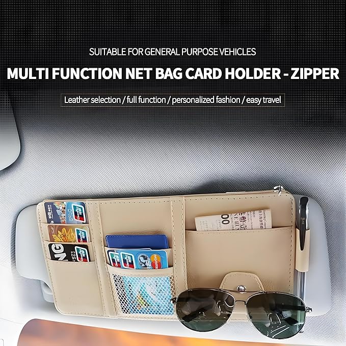 2 Pack Car Visor Organizer for Ford F150 2021-2025, Sun Visor Storage Pouch Premium PU Leather Interior Accessories Pocket Multi-Function Card Holder,Beige