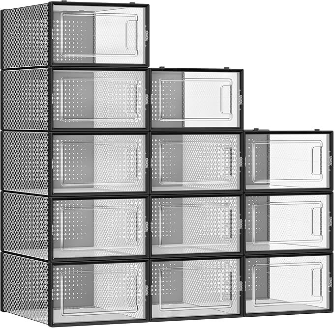 SONGMICS Shoe Boxes, Pack of 12 Shoe Storage Organizers, Stackable Clear Plastic Boxes for Closet, Sneakers, 13.1 x 9.1 x 5.6