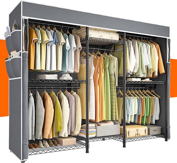 Raybee Clothes Rack with Cover,Clothing Racks for Hanging Clothes Heavy Duty,Portable Closet with Shelves,Adjustable,Loads 90