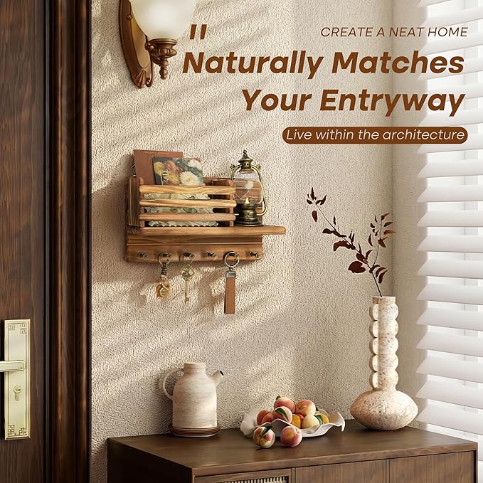 Rebee Vision Pine Wood Key Holder Wall Mount - Key Holder for Wall with Mail Slot Can Store Letters and Papers - Rustic Farmh