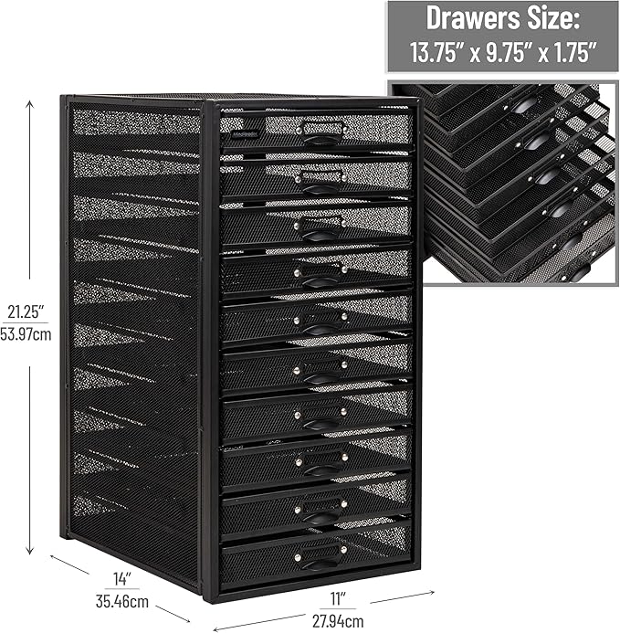 Mind Reader 10-Drawer Desk Organizer for Office Supplies, Crafts, Mail Sorting & More, Metal Mesh, 10.75"L x 14"W x 21.25"H, 
