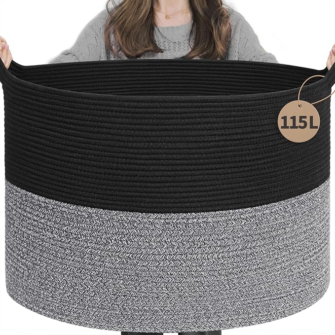 INDRESSME 115L Extra Large Cotton Rope Blanket Basket, Woven Basket for Toy Storage Organizer & Laundry Toy Box for Living Ro