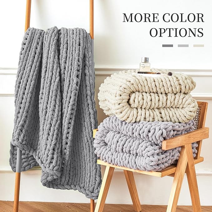 Admitrack Chunky Knit Blanket Throw, 100% Hand Knit Chenille Throw Blanket for Sofa & Home Decor, Soft and Cozy Knitted Throw