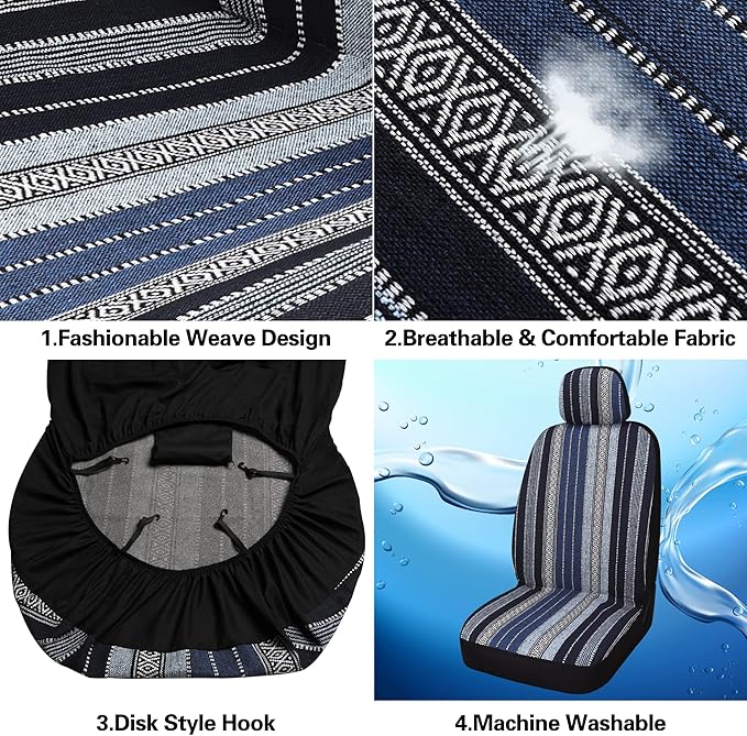 Pariitadin Baja Saddle Blanket Car Seat Covers Front Set with Seat Belt Pads, Washable Breathable Striped Woven Cloth Seat Co