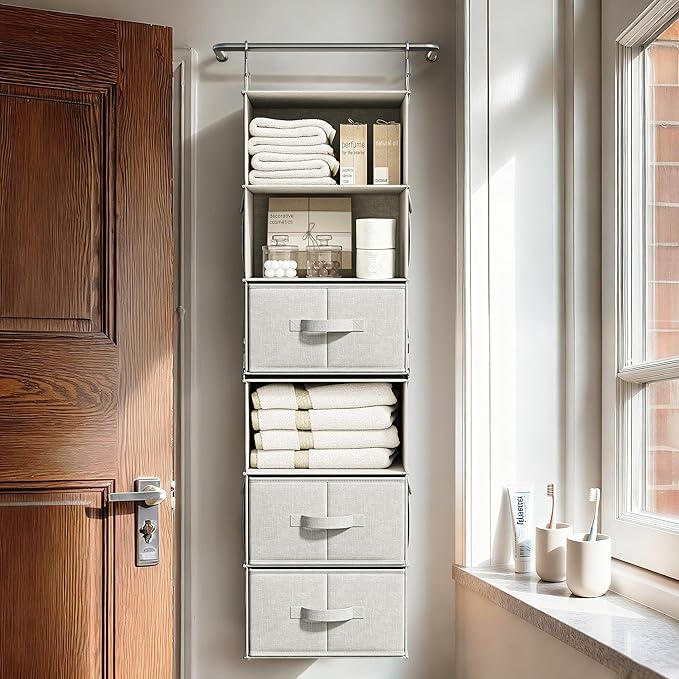 Vailando 6-Shelf Hanging Closet Organizer with 3 Drawers, 2 Separable 3-Shelf Closet Organizers and Storage for Wardrobe Orga