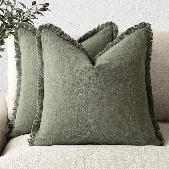 Foindtower Set of 2 Decorative Linen Fringe Throw Pillow Covers Cozy Boho Farmhouse Cushion Cover with Tassels Soft Accent Pi