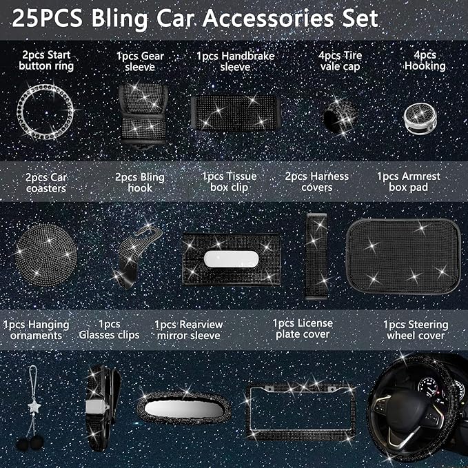25PCS Bling Car Car Accessories Set,15 Inch Steering Wheel Cover,Shiny License Plate Frame,Center Console Cover and Rearview Mirror Set and Other Car Accessories(Black)