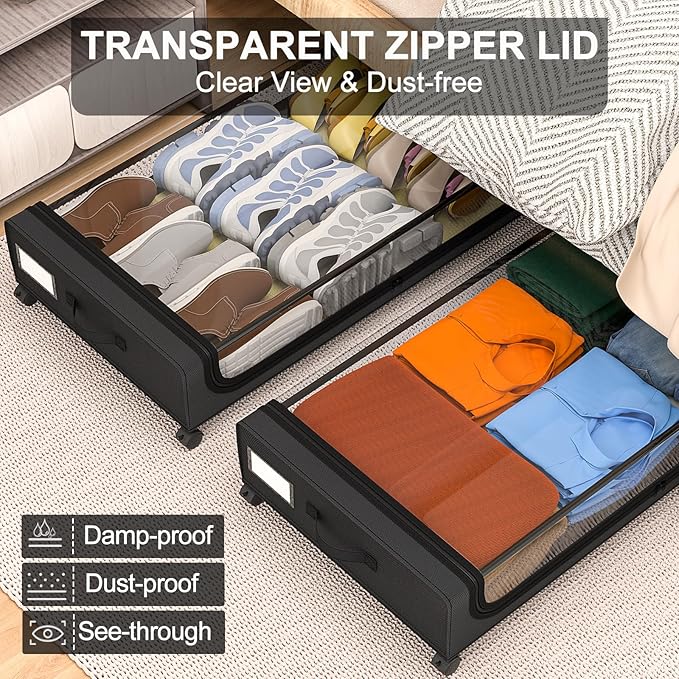 GoMaihe Under Bed Storage with Wheels: 6-Pack XXL 48L Underbed Storage Containers with Lids - Rolling Drawers for Shoes Cloth