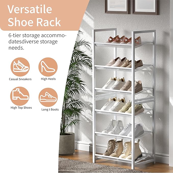 Stackable Shoe Rack, 6 Tier Metal Shoe Storage for 12-15 Pairs, Vertical Shoe Shelf for Small Space Front Door Entrance Close