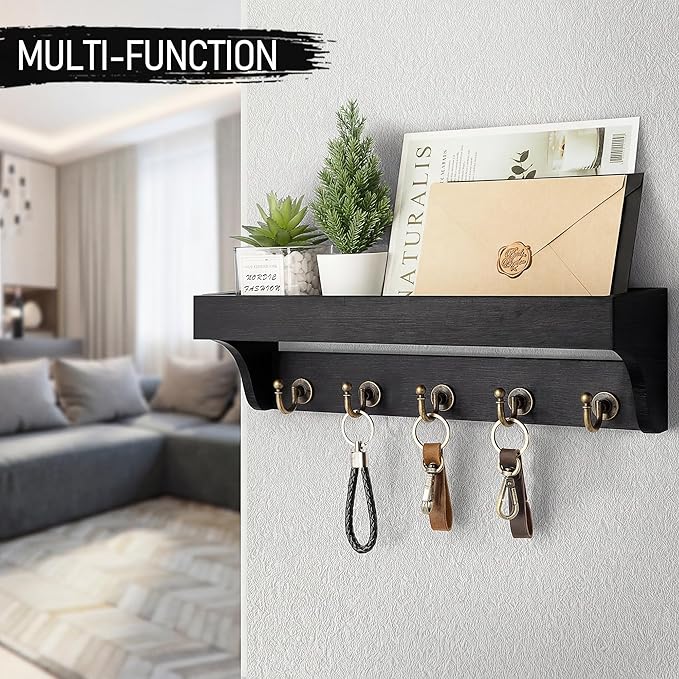 Rebee Vision Key Holder for Wall with Shelf : Decorative Key Organizer with 5 Rustic Keys Hooks and Primitive Wood Mail Organ