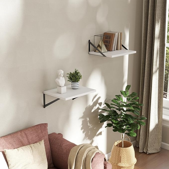 Deep Floating Shelves Wall Mounted, 16"x12" White Wall Shelves with Brackets Set of 2 for Bedroom, Living Room, Bathroom, Kit