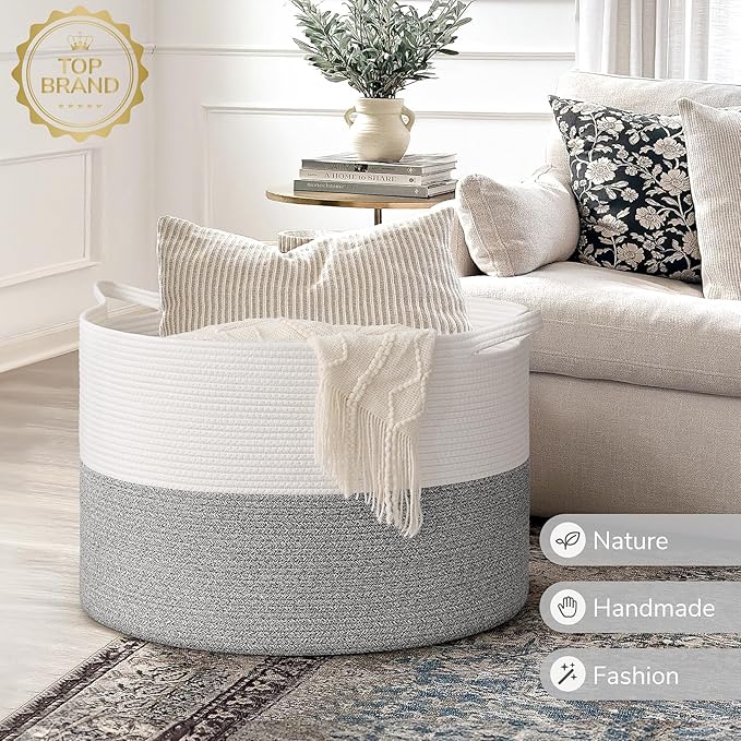 INDRESSME 115L Extra Large Blanket Basket, Soft Cotton Rope Storage Basket for Organizing, Home Decor, Toys, Laundry & Towels