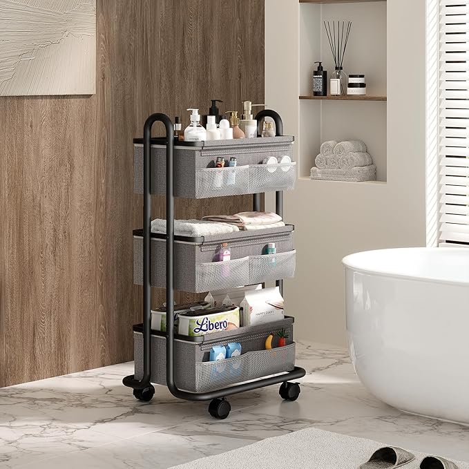 3-Tier Baby Diaper Caddy Organizer Cart, Mobile Nursery Storage Carts with Wheels, 3 Dividers & 6 Mesh Pockets Durable Metal 
