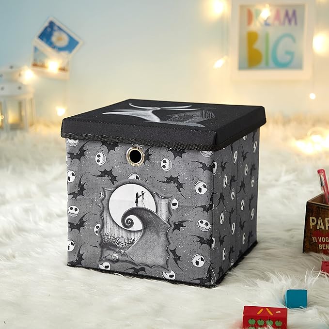The Nightmare Before Christmas Collapsible Storage Cube with Removable Lid,10"x10"x10" Fabric Organizer Bin for Essentials