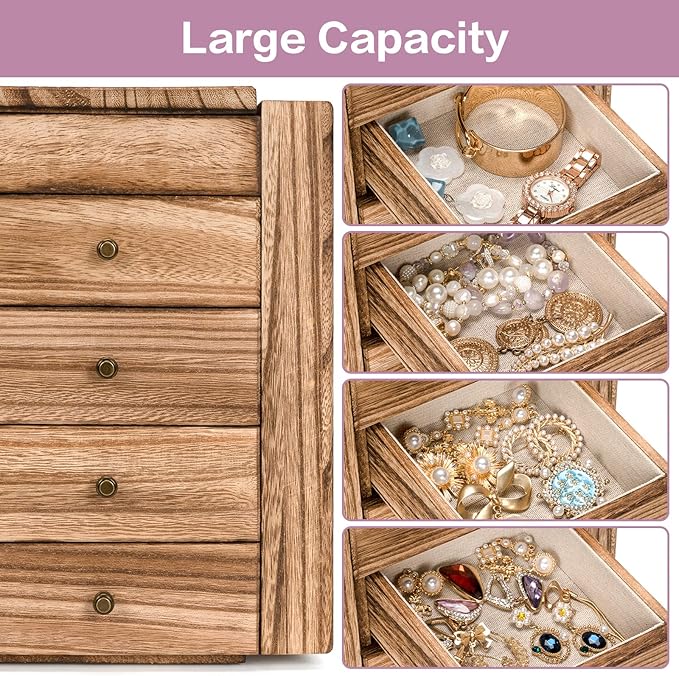 Meangood Jewelry Box Wood for Women, 5-Layer Large Organizer Box with Mirror & 4 Drawers for Rings, Earrings, Necklaces, Vint