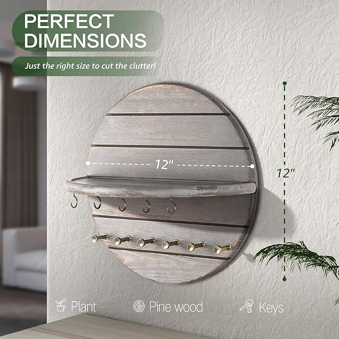 Rebee Vision Pine Wood Rustic Key Holder Wall Mount - Modern Key and Mail Holder for Wall with Shelf & Hooks - Elevate Your S